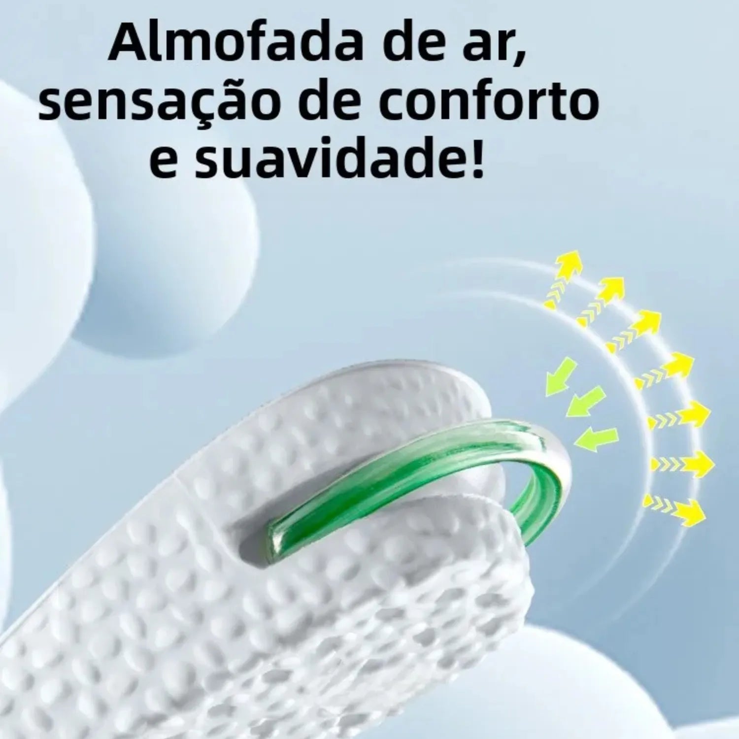 Par de palmilhas esportivas antifadiga. Destaque para o suporte de arco, a textura para ventilação e o sistema de amortecimento no calcanhar.