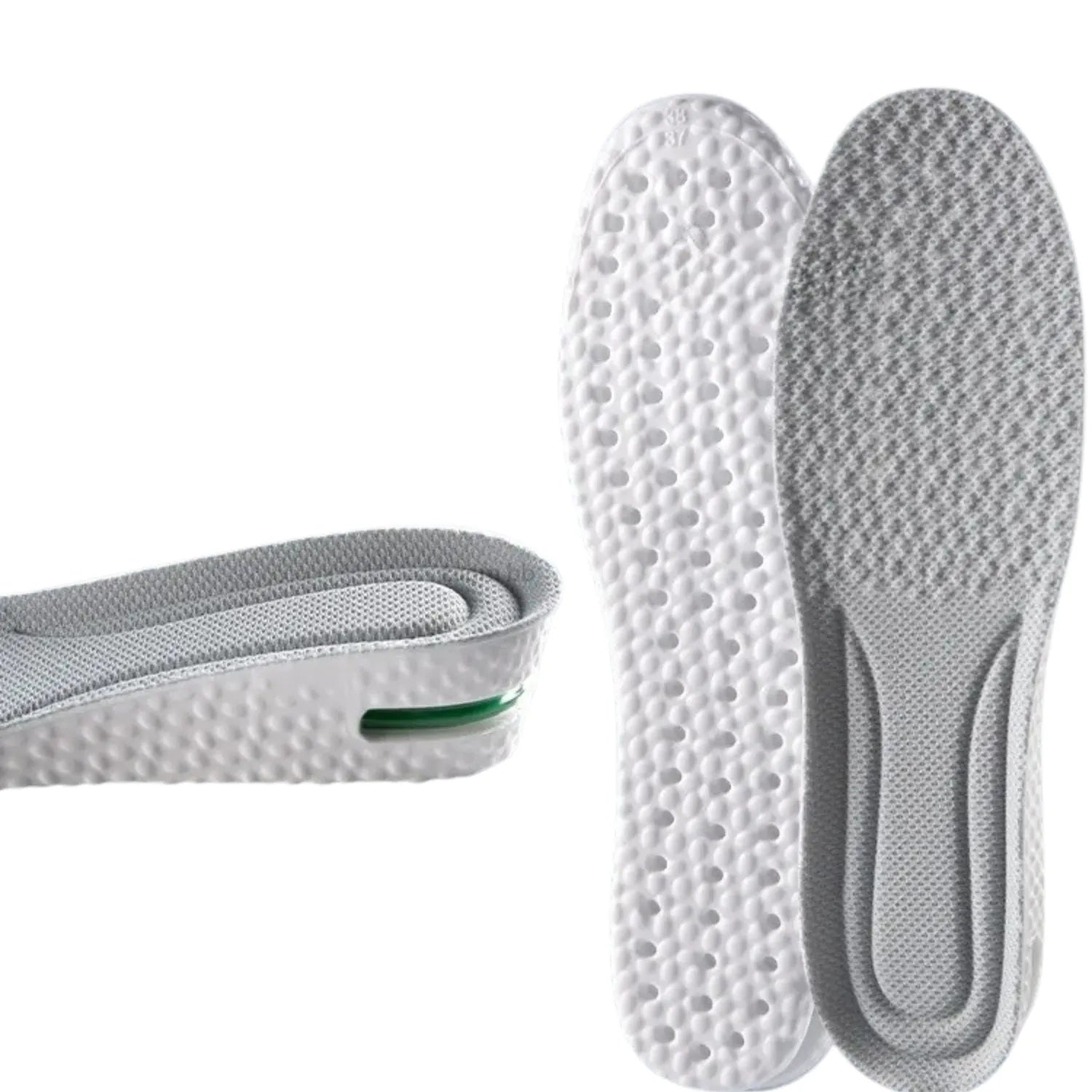 par de palmilhas esportivas antifadiga. As palmilhas são mostradas de frente e de lado, destacando o suporte de arco, a textura para ventilação e o sistema de amortecimento no calcanhar