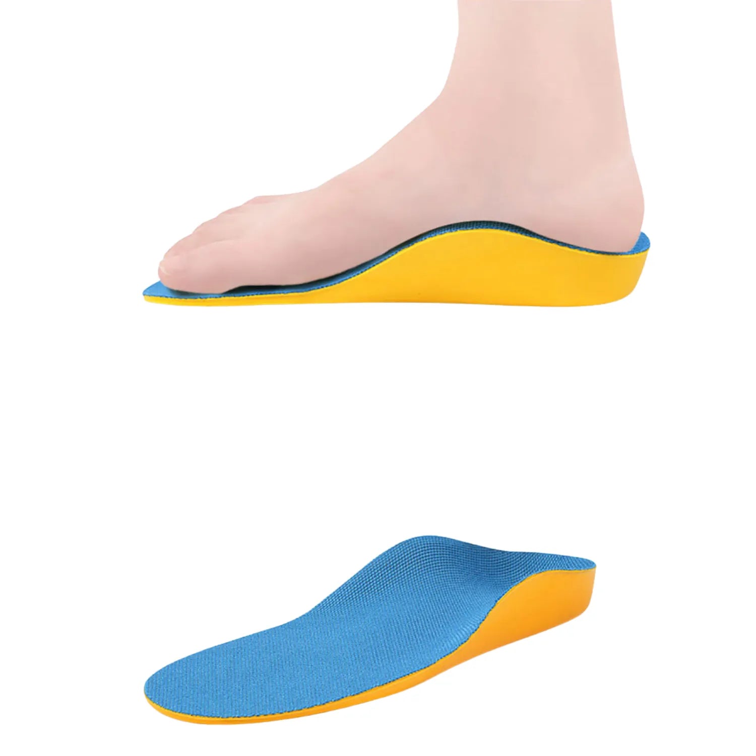 Um par de palmilhas ortopédicas infantis. As palmilhas são mostradas de frente e de lado, destacando o apoio de arco e o design ergonômico para correção e crescimento saudável dos pés.