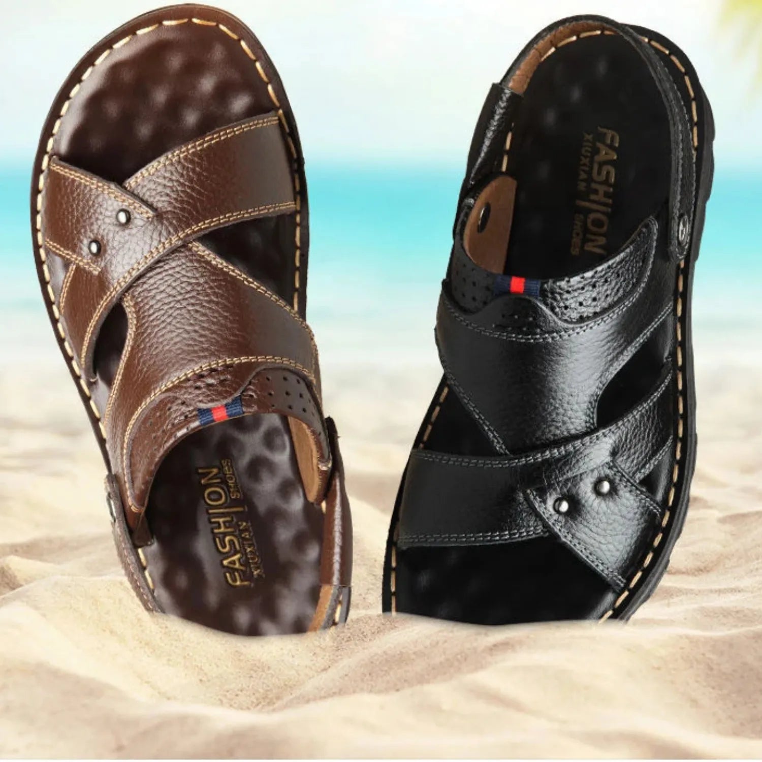 Sandália masculina de couro com design clássico, tiras largas e costura contrastante, destacando o conforto e o estilo do calçado.