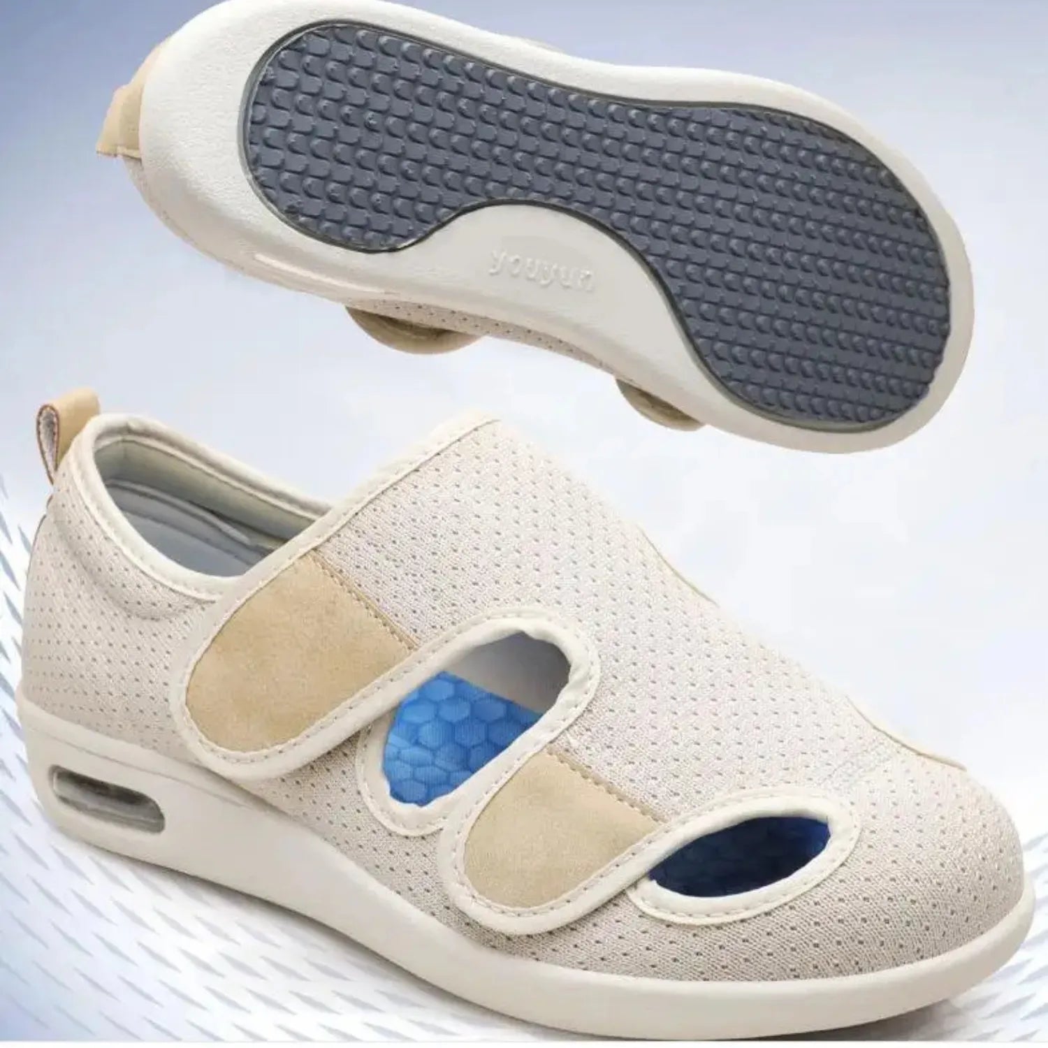 Sandália ortopédica para pés largos e inchados, com design de malha respirável, solado emborrachado e fecho ajustável de velcro, na cor bege.