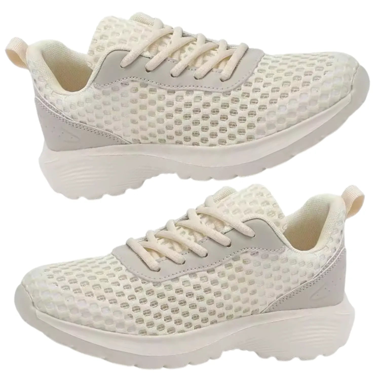 tênis feminino bege creme e de malha respirável confort