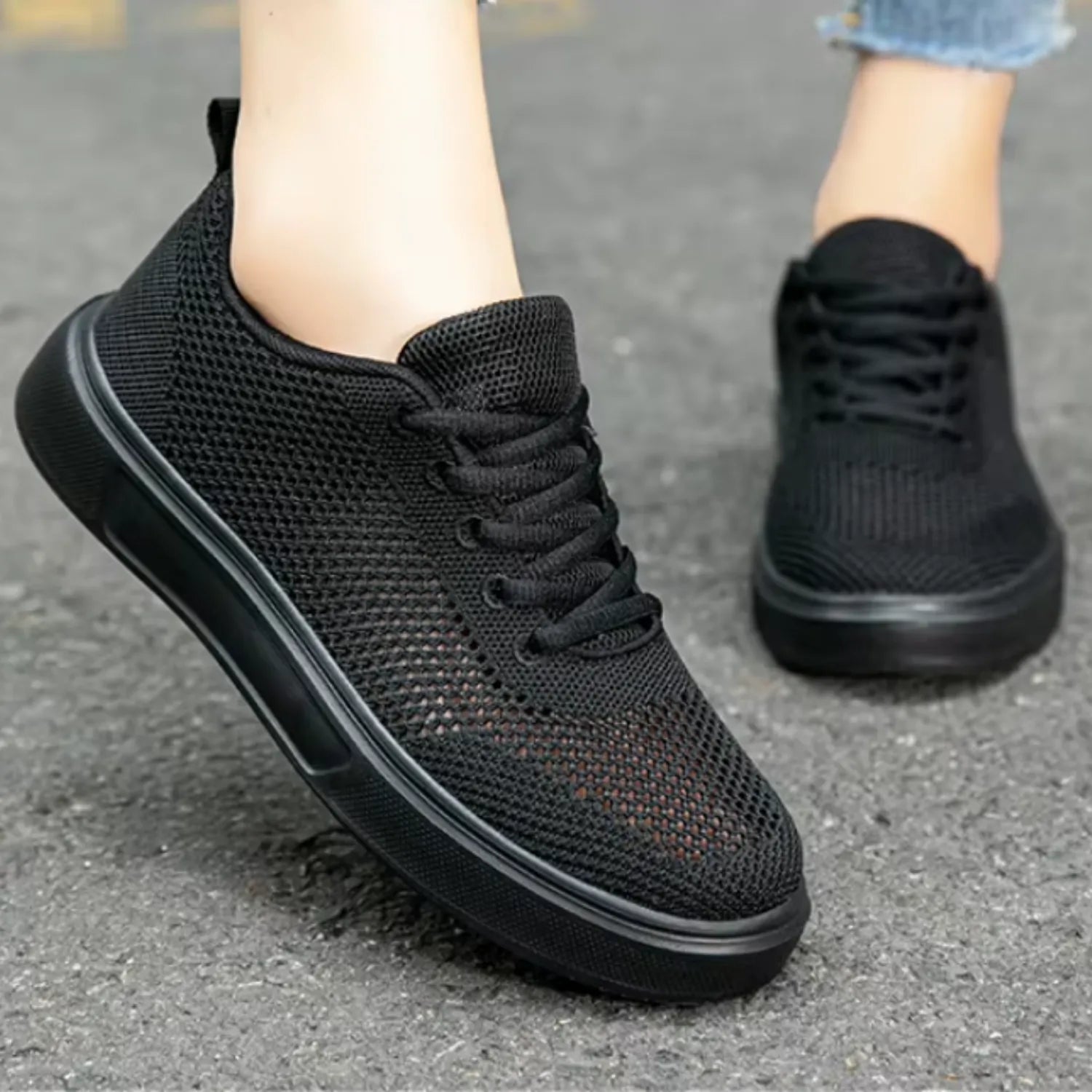 tênis feminino preto malha macio e respirável antiderrapante