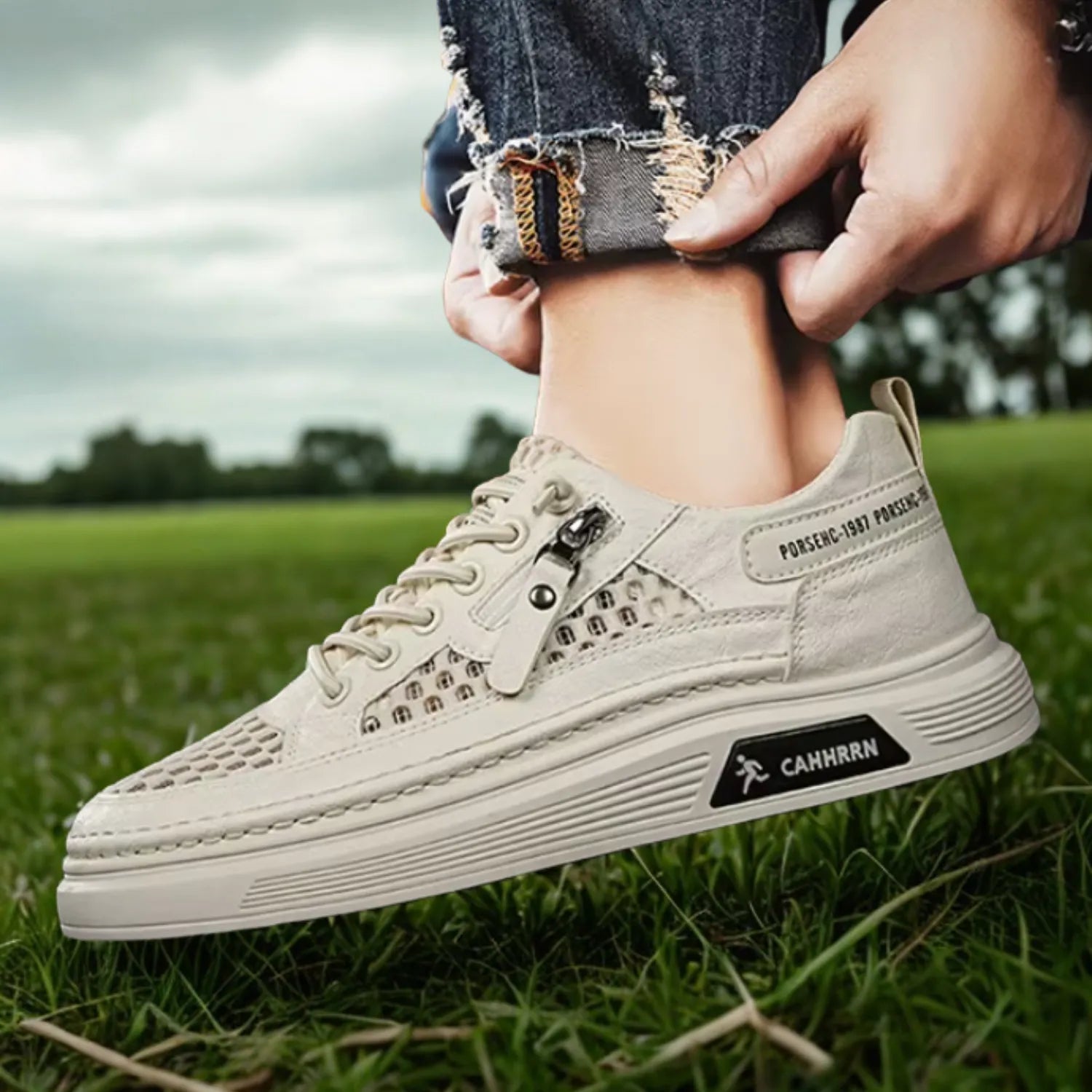 tênis masculino bege e de malha macio frescor