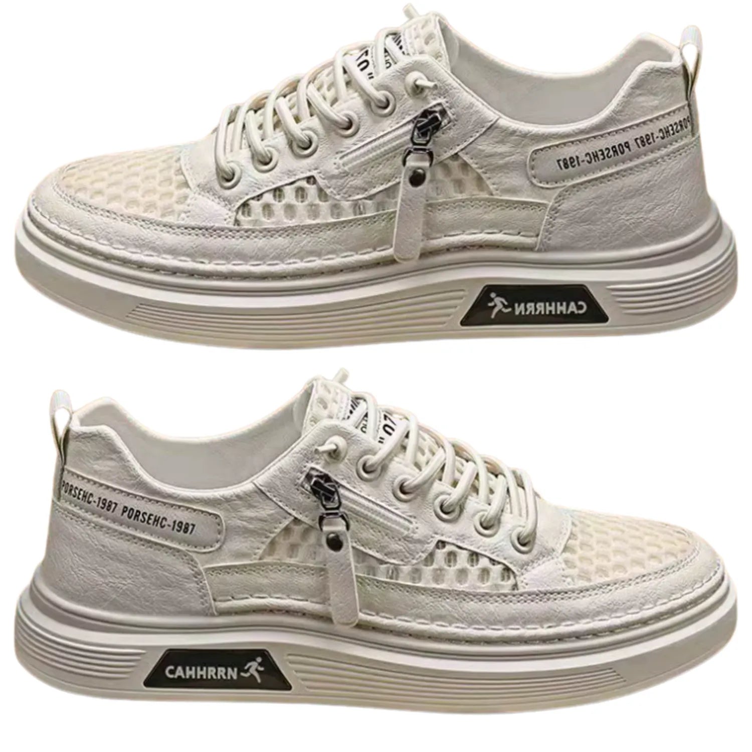 tênis masculino bege e de malha respirável