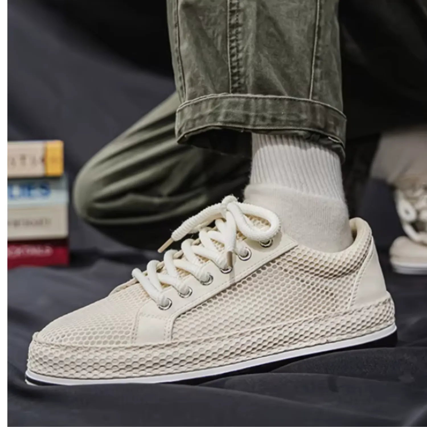 tênis masculino bege malha confort respirável