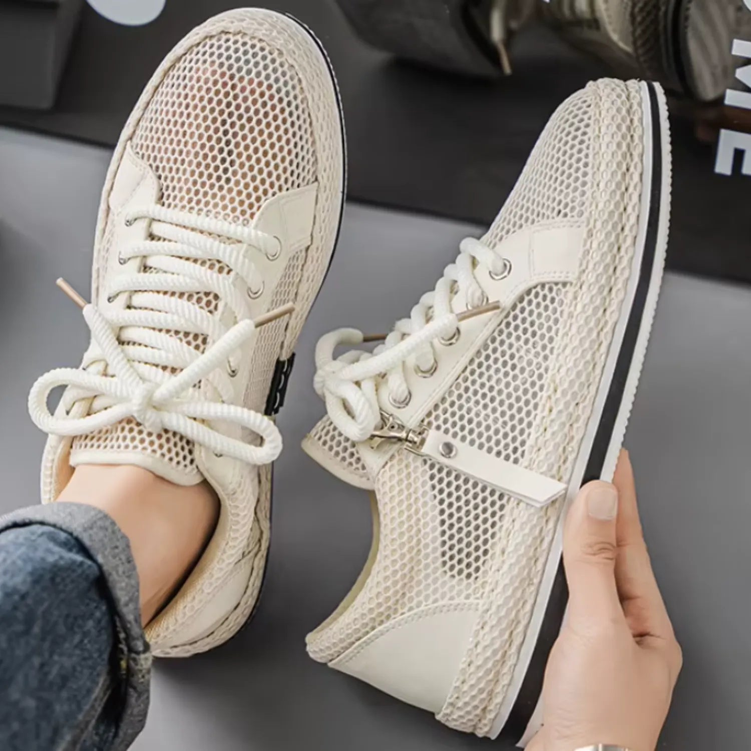 tênis masculino bege malha respirável frescor