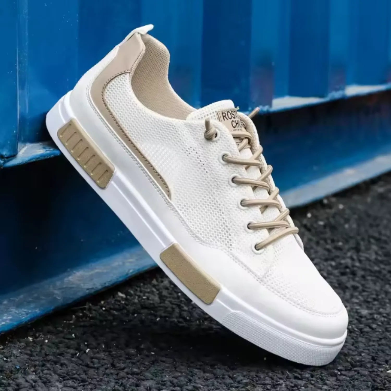 tênis masculino branco e bege macio elegância