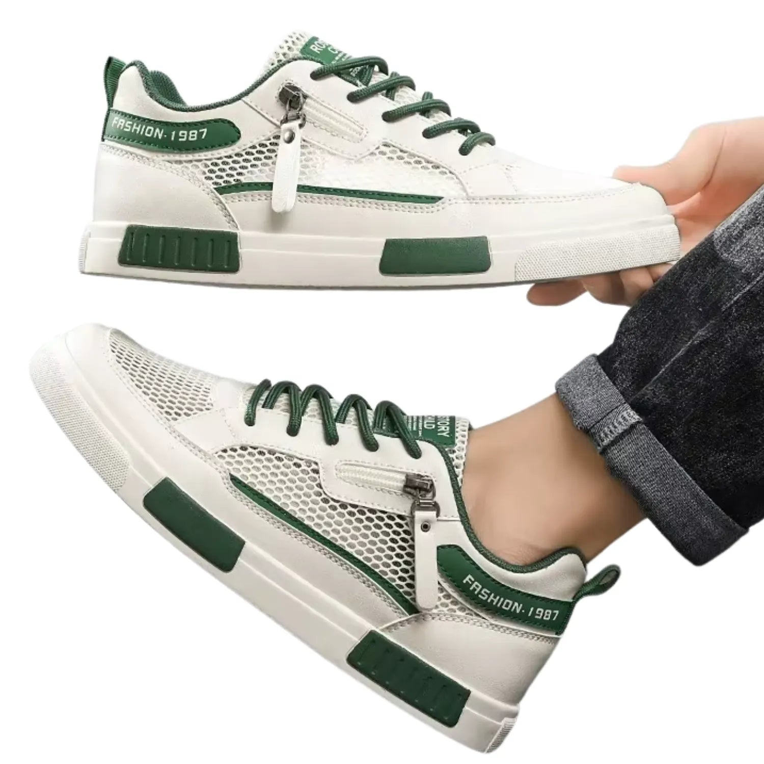 tênis masculino branco e verde respirável leve