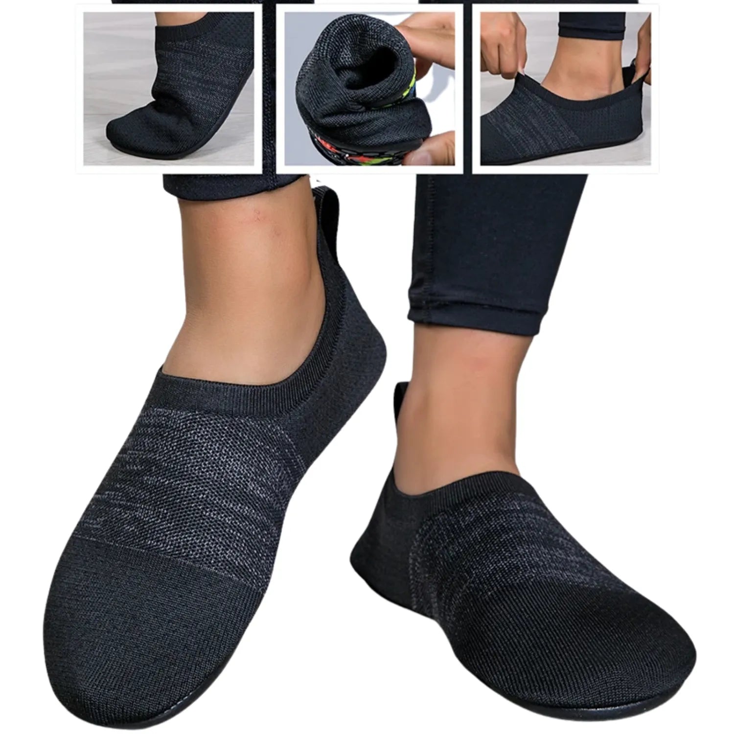 Tênis de yoga unissex. As imagens mostram o tênis no pé, sua flexibilidade ao ser dobrado e o processo de calçar, destacando o design slip-on e o tecido maleável.