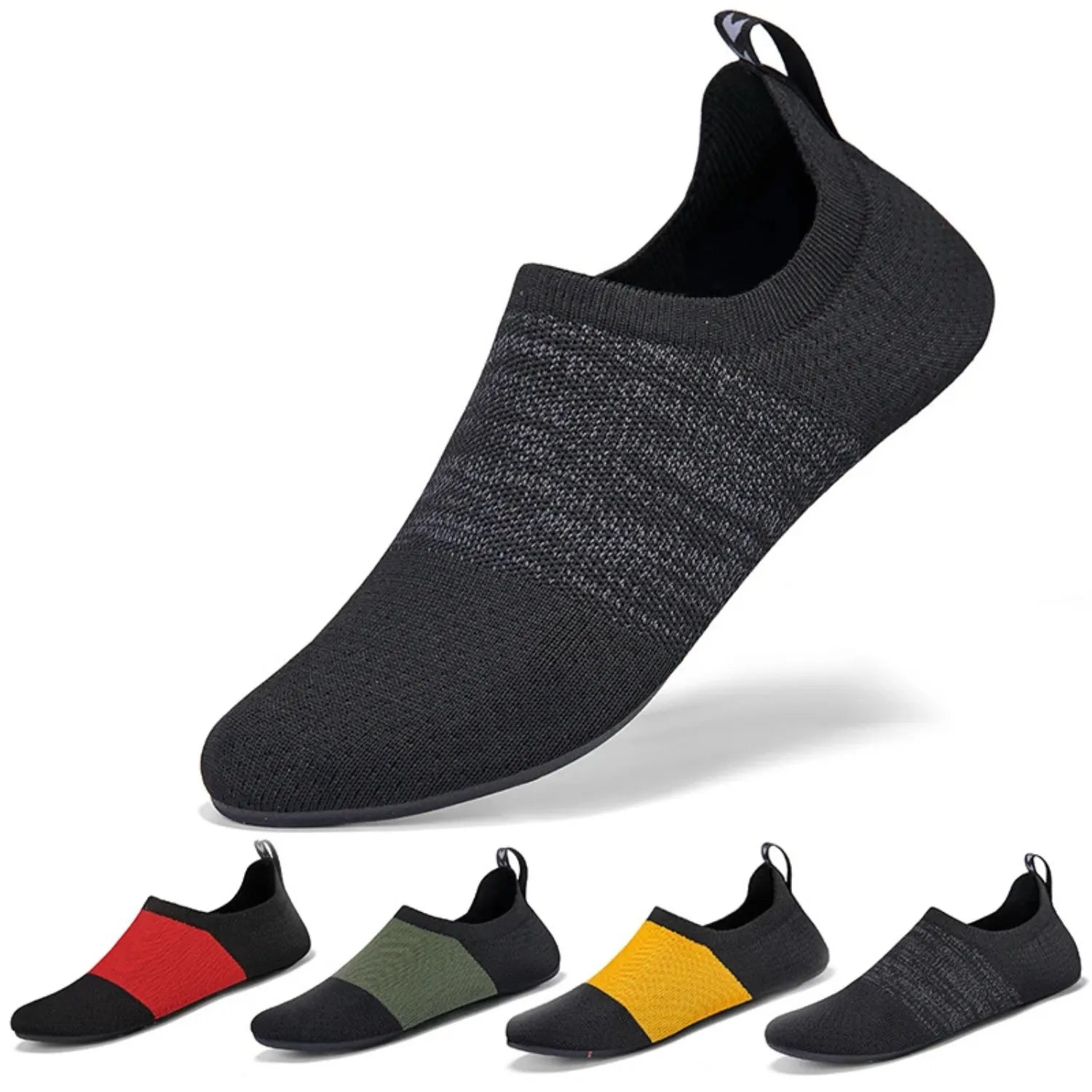 Tênis de yoga unissex em várias cores, com design slip-on de tecido flexível tipo meia e sola fina, ideal para exercícios de flexibilidade e proteção.