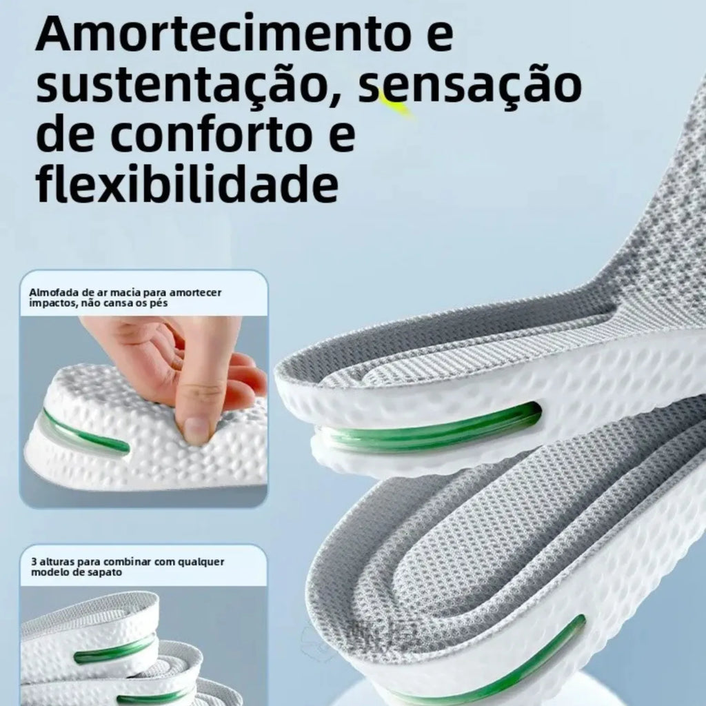 Par de palmilhas esportivas antifadiga. Com sistema de amortecimento no calcanhar.