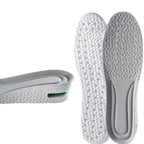 par de palmilhas esportivas antifadiga. As palmilhas são mostradas de frente e de lado, destacando o suporte de arco, a textura para ventilação e o sistema de amortecimento no calcanhar