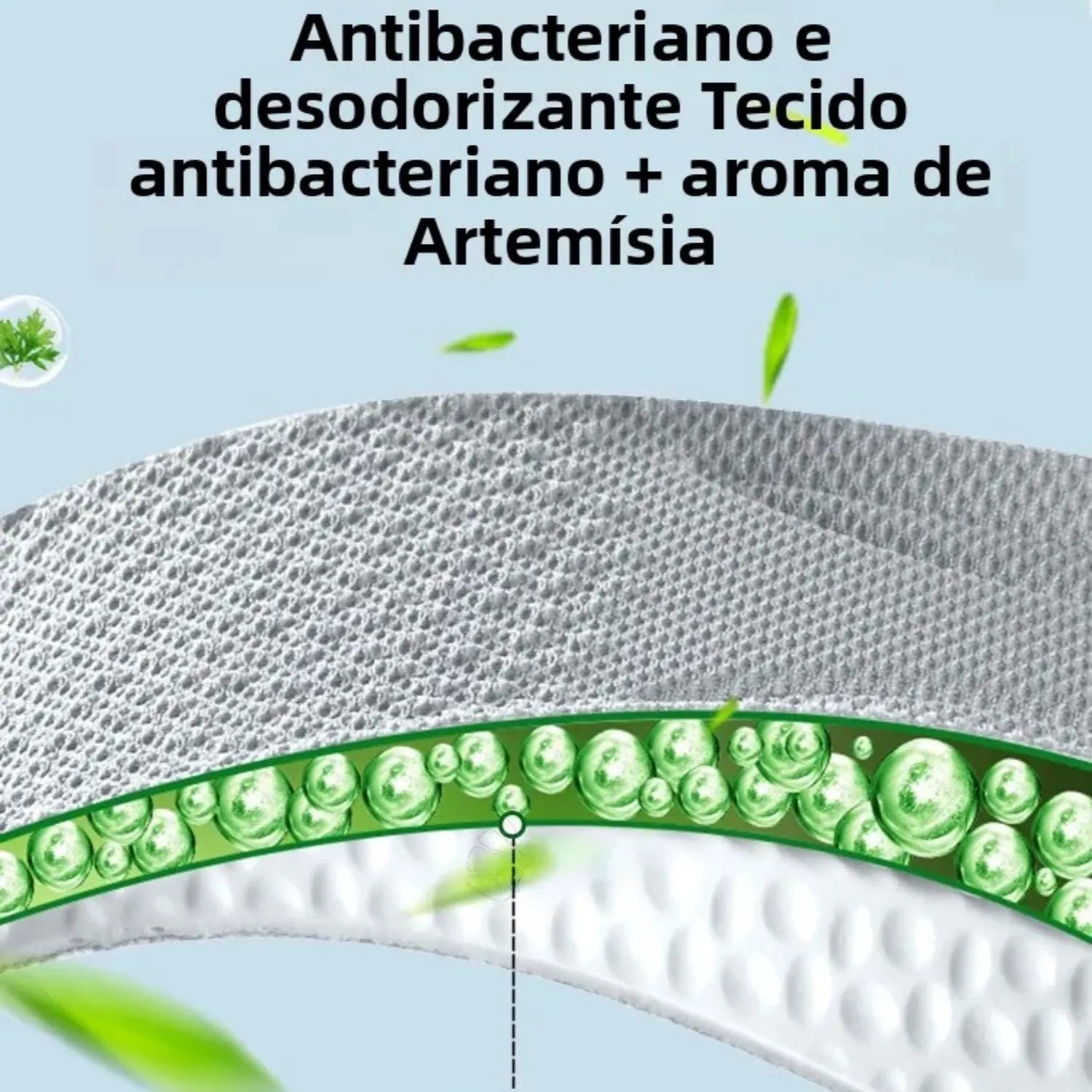 par de palmilhas esportivas antifadiga. As palmilhas possuem tecido antibacteriano.