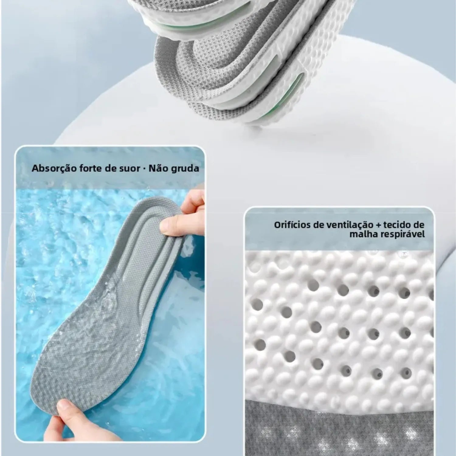 Par de palmilhas esportivas antifadiga. Com textura para ventilação e o sistema de amortecimento no calcanhar.