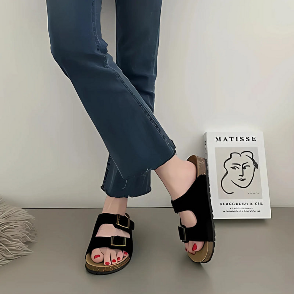 Um par de sandálias de cortiça preta com duas tiras largas, fivelas de metal ajustáveis e sola com suporte de arco para máximo conforto.