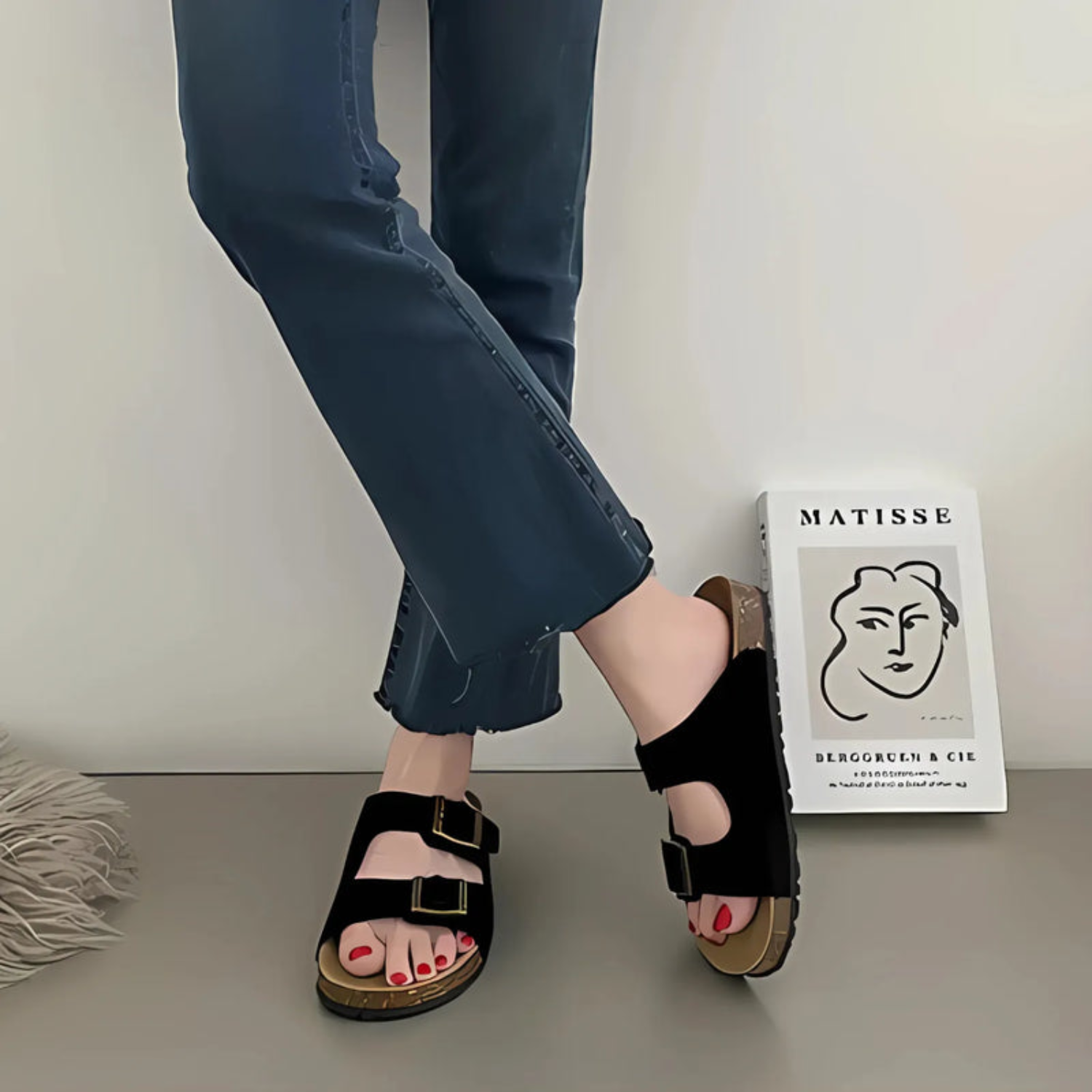 Um par de sandálias de cortiça preta com duas tiras largas, fivelas de metal ajustáveis e sola com suporte de arco para máximo conforto.