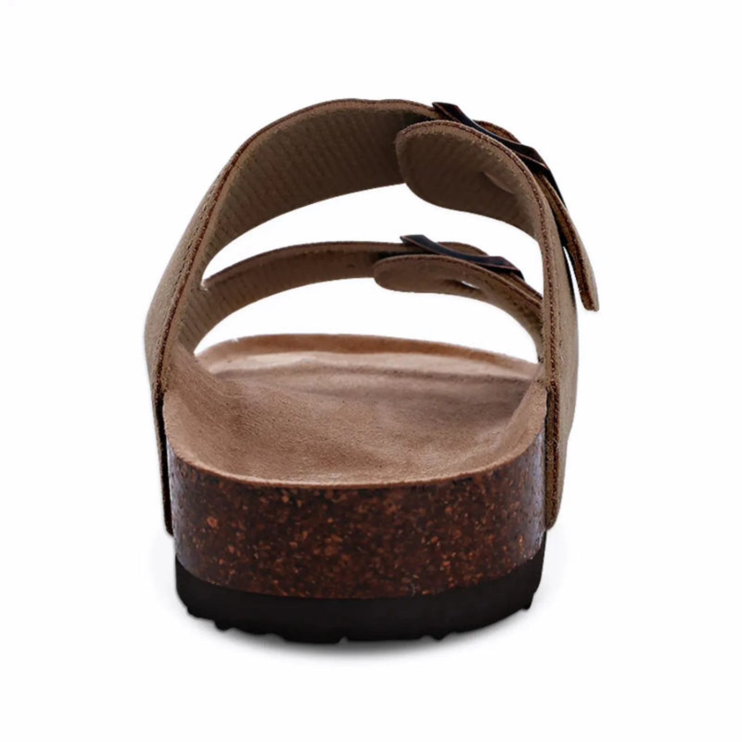 Vista traseira de uma sandália de cortiça marrom, mostrando a textura granular da sola e o material de camurça da palmilha interna.