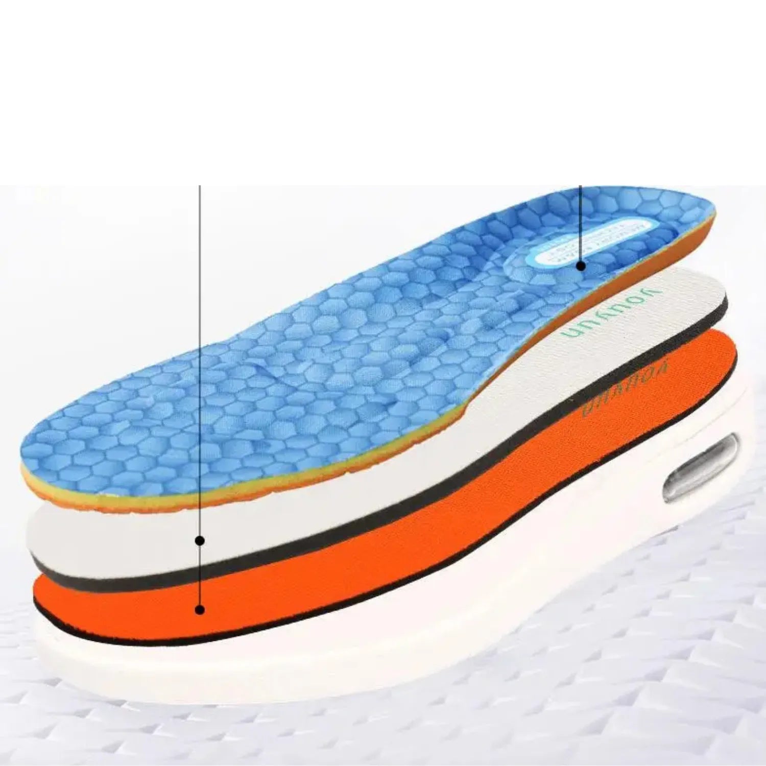 Diagrama detalhado da palmilha e sola ortopédica para sandália da universo saúde shop.