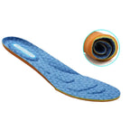 Palmilha ortopédica de espuma de memória azul, exibindo suas múltiplas camadas de amortecimento e tecnologia de absorção de impacto.
