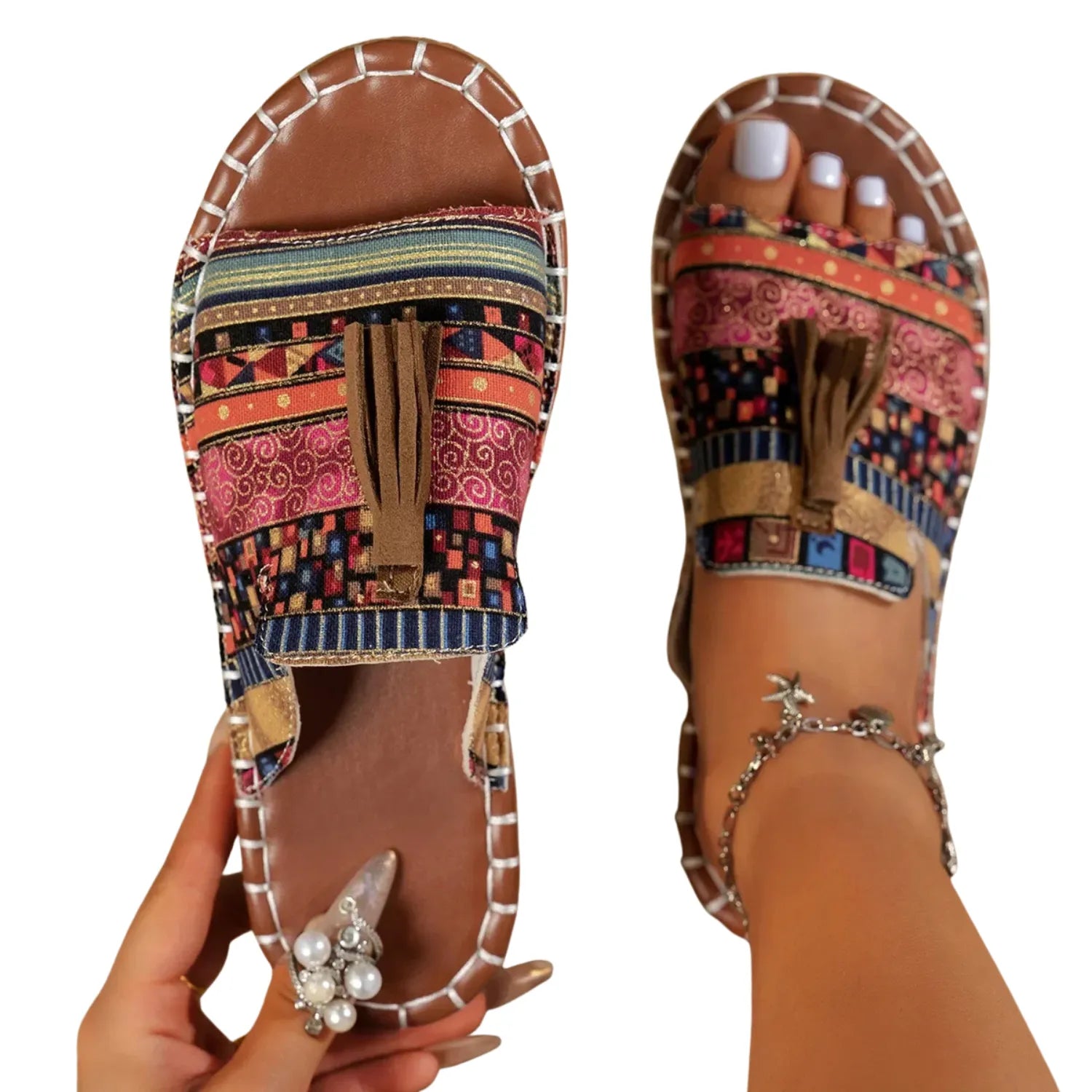 modelo calcando sandalia vinho franja