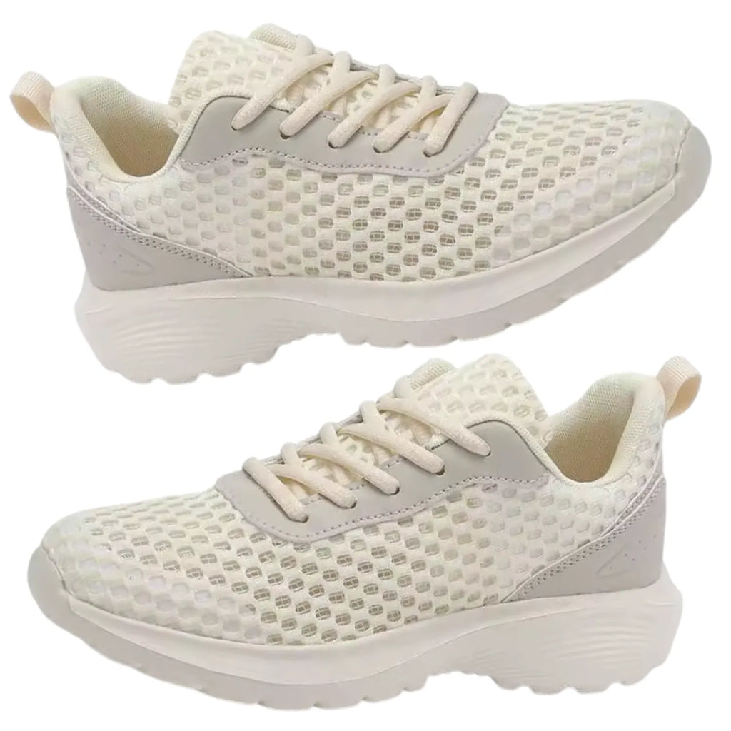 tênis feminino bege creme e de malha respirável confort