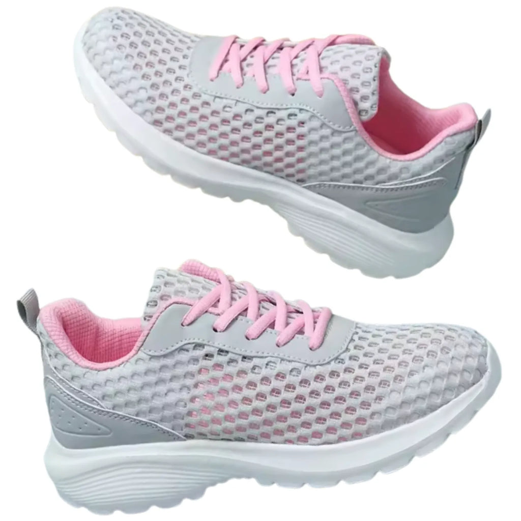 tênis feminino cinza e rosa de malha respirável antiderrapante
