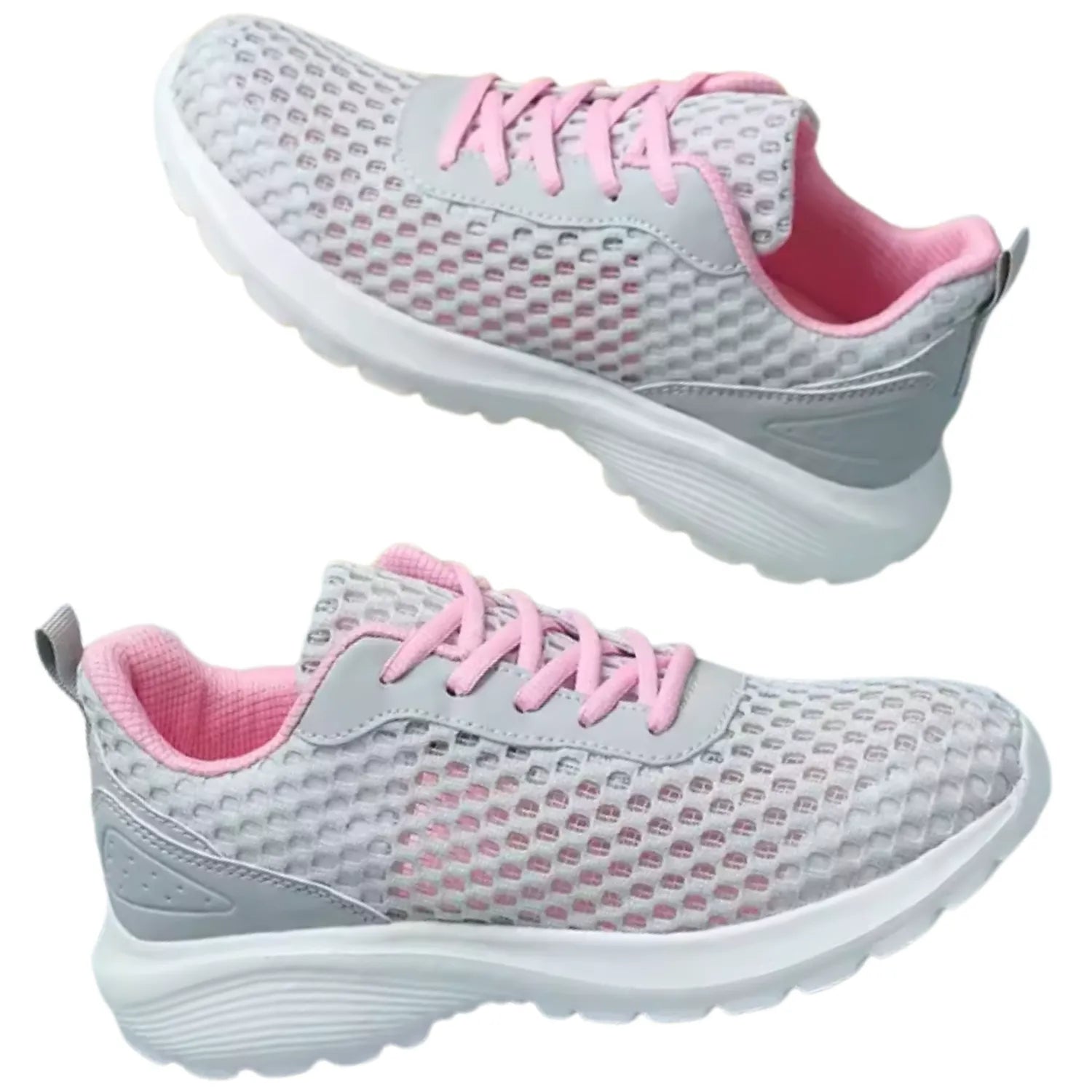 tênis feminino cinza e rosa de malha respirável antiderrapante