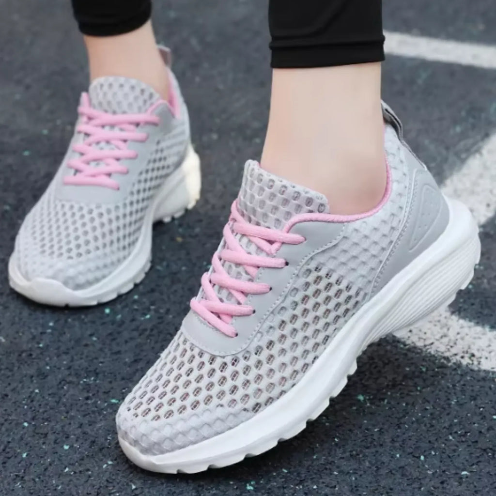 tênis feminino cinza e rosa malha beleza presença