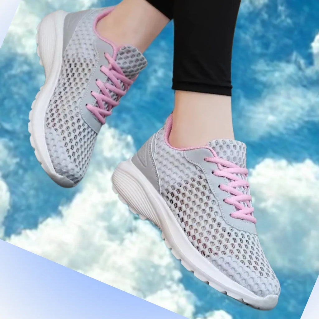 tênis feminino cinza e rosa malha frescor confort
