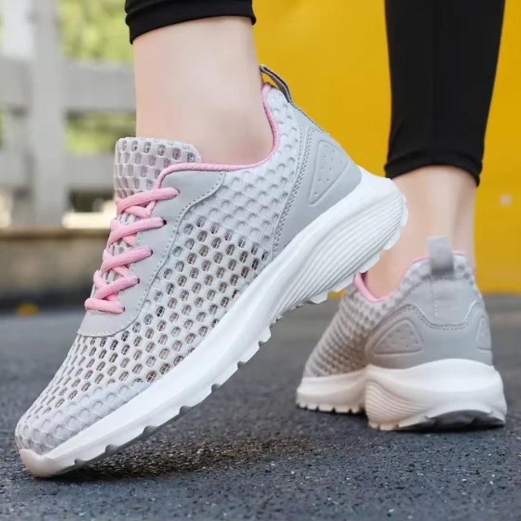 tênis feminino cinza e rosa malha frescor frescor antiderrapante