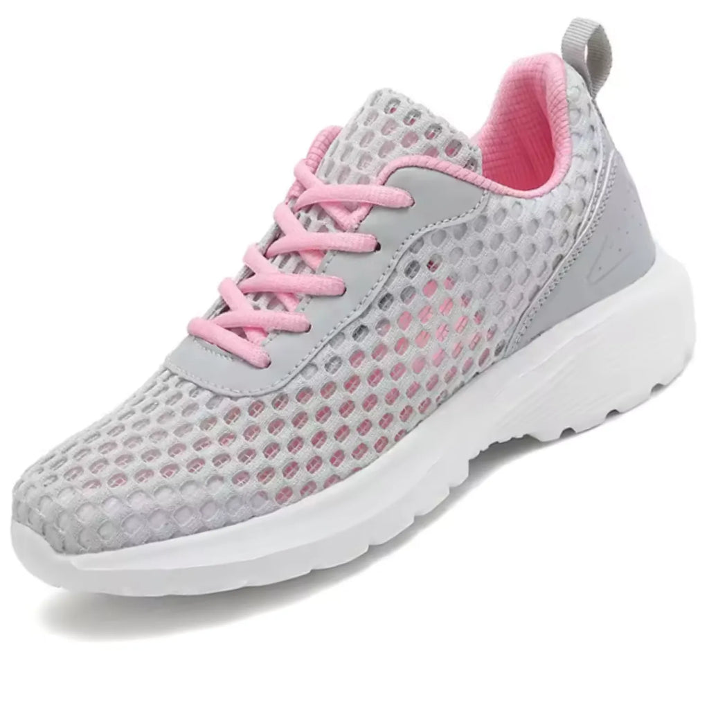 tênis feminino cinza e rosa, malha respirável antiderrapante