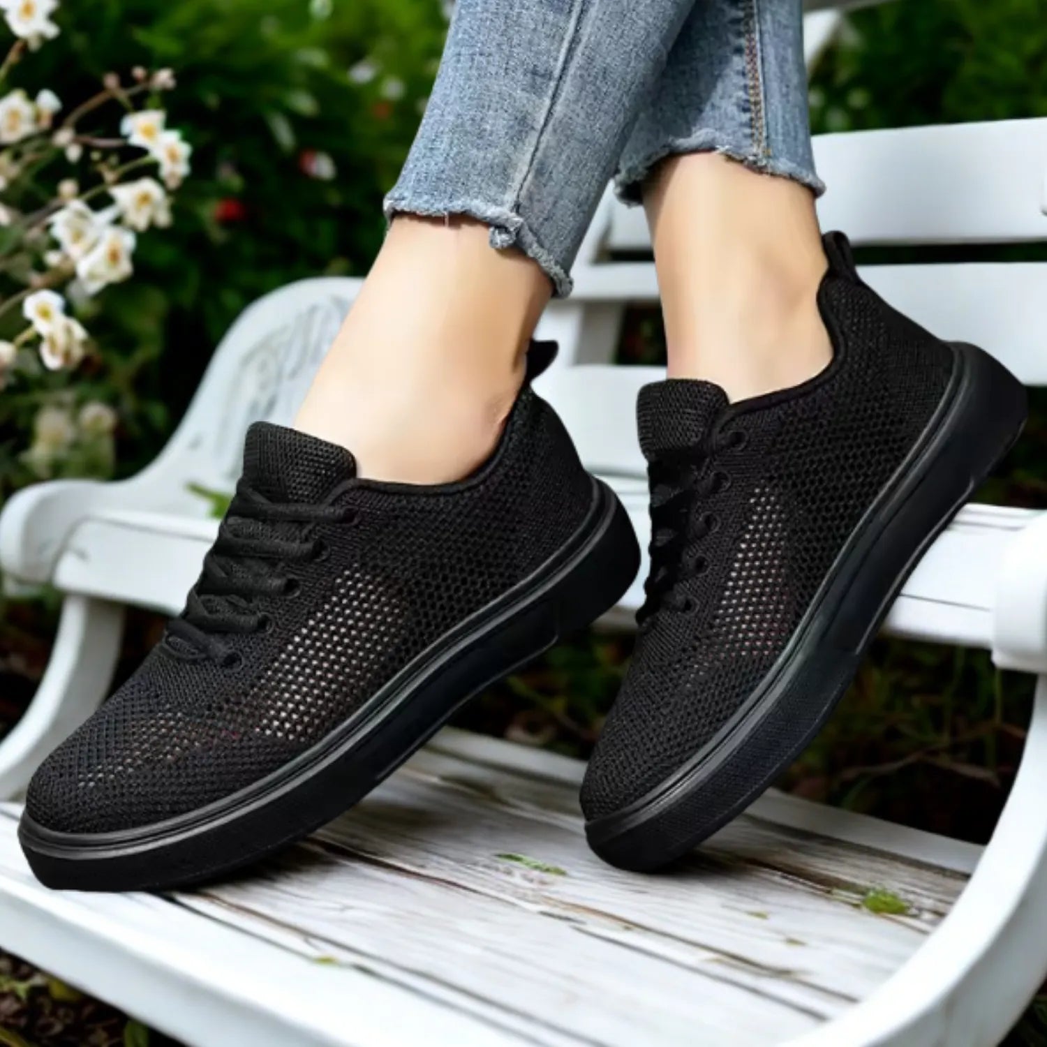 tênis feminino preto malha macio bonito presença