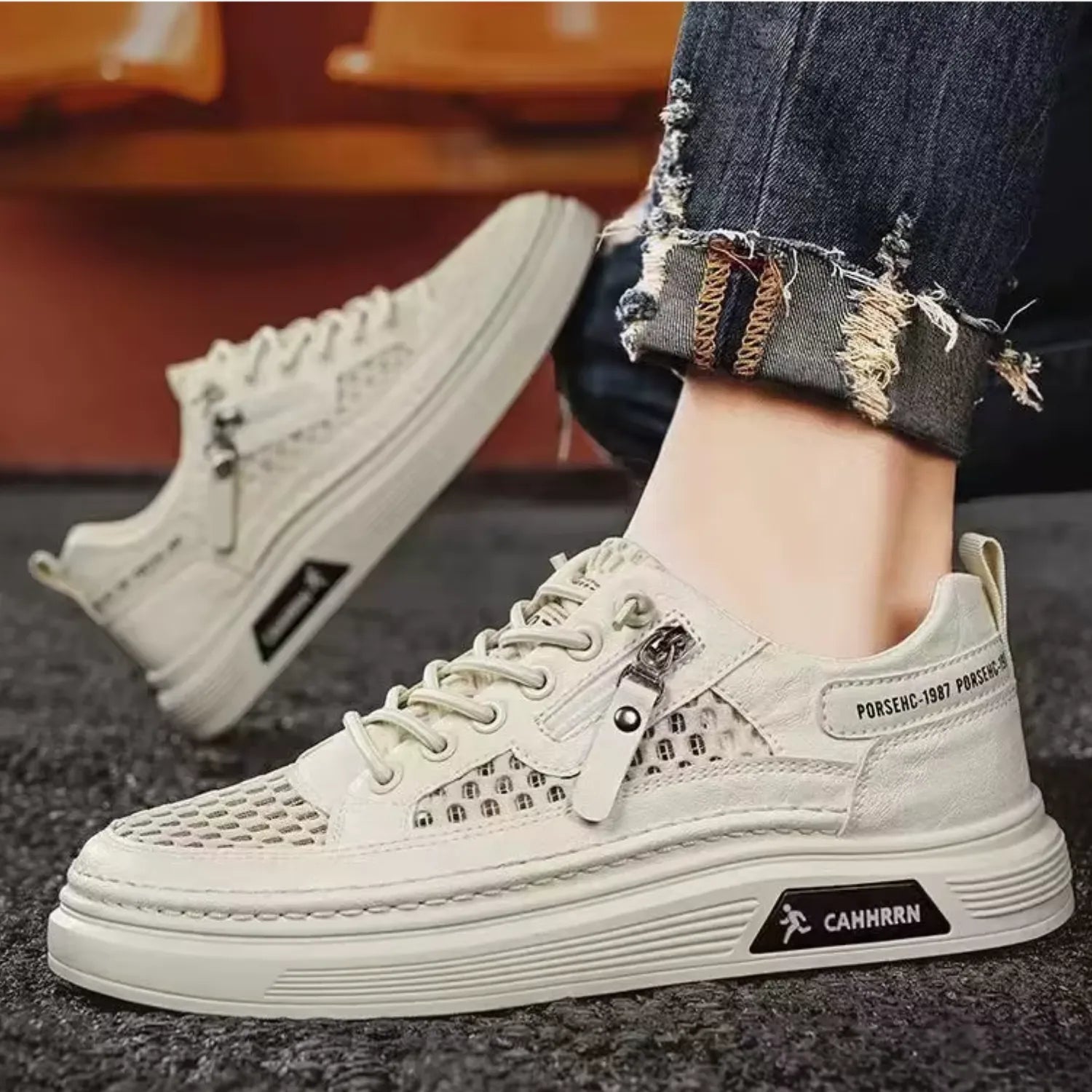 tênis masculino bege de malha zíper frescor