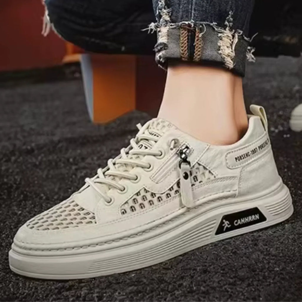 tênis masculino bege e de malha respirável confort