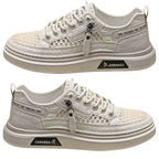 tênis masculino bege e de malha respirável