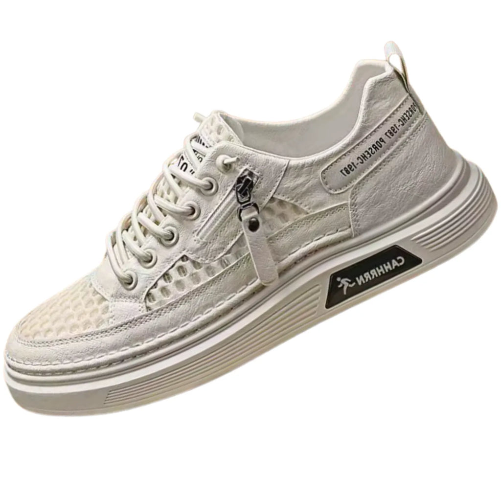 tênis masculino bege e de malha zíper confort