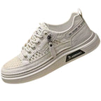 tênis masculino bege e de malha zíper confort