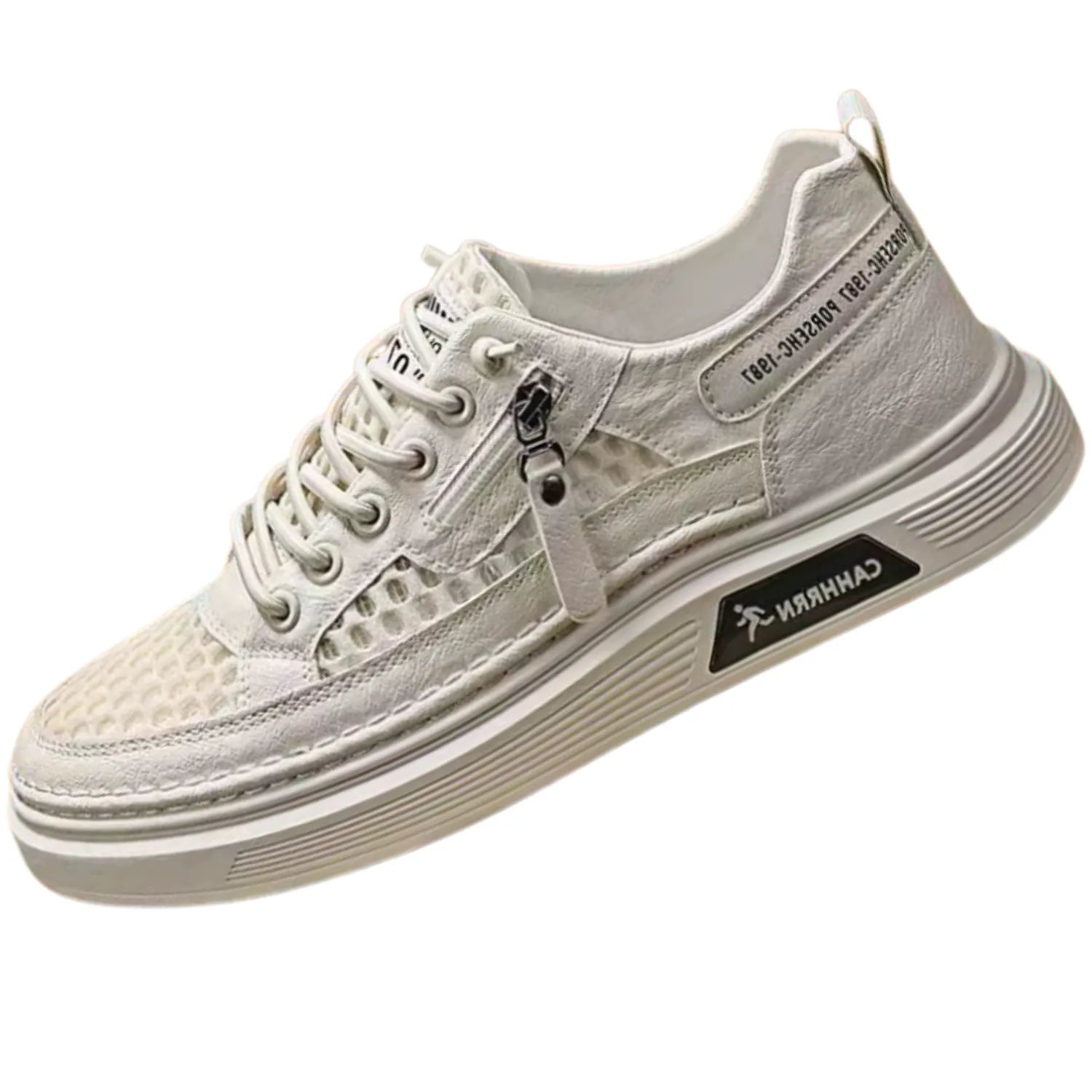 tênis masculino bege e de malha zíper confort