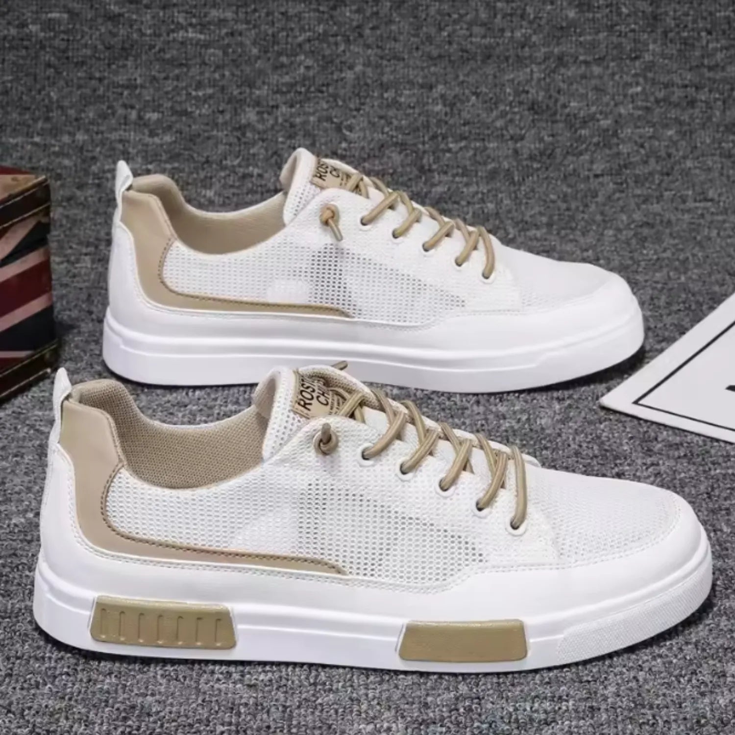 tênis masculino branco e bege elegante