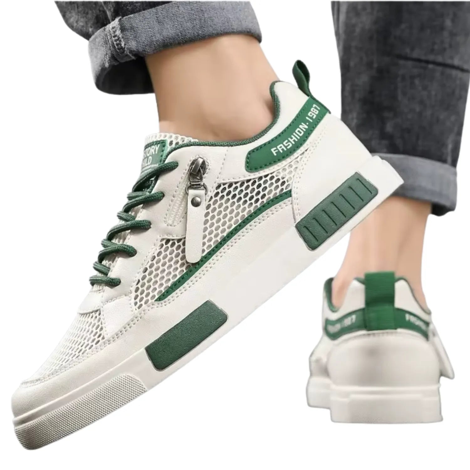 tênis masculino branco e verde elêgancia confort