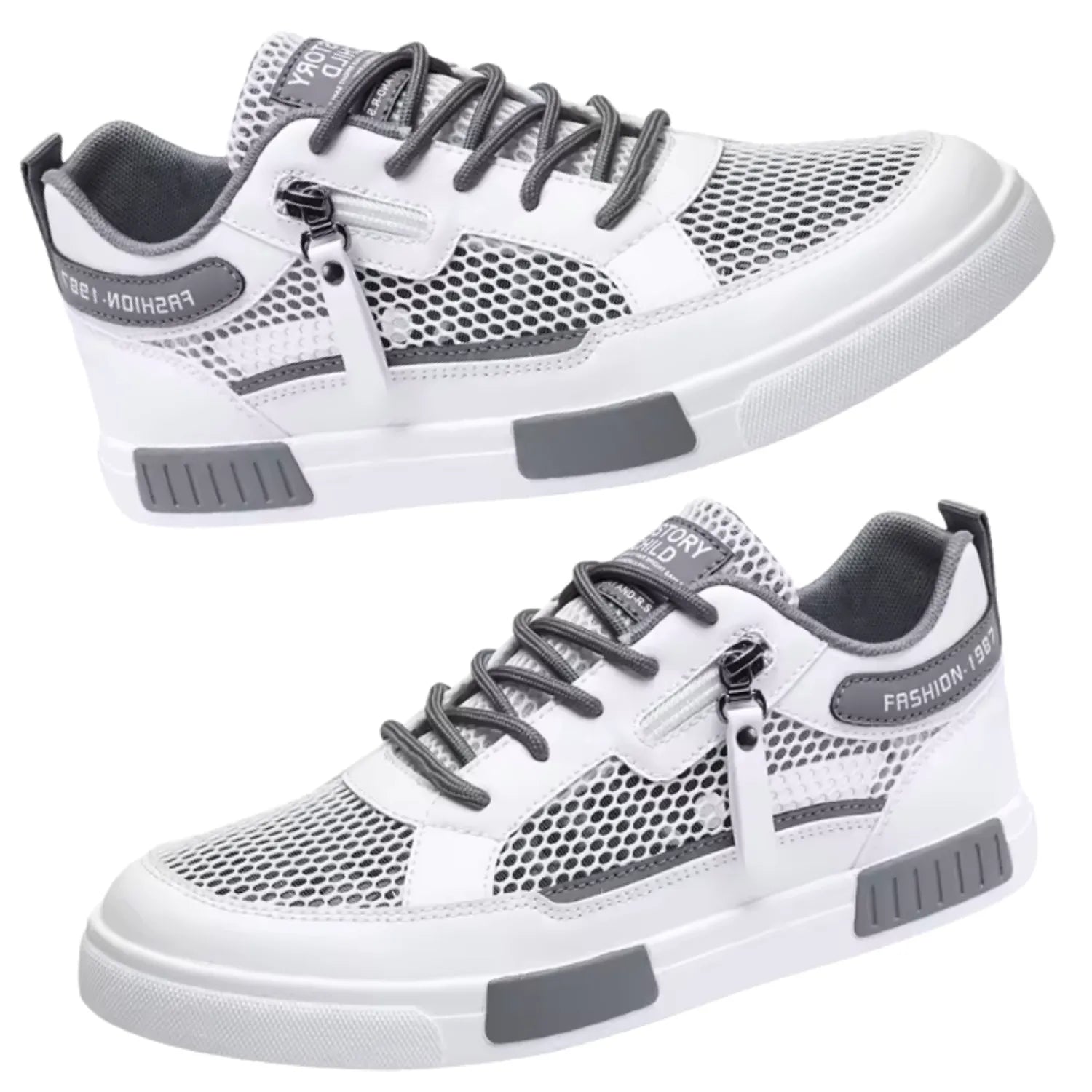 tênis masculino e unissex branco cinza zíper e confort