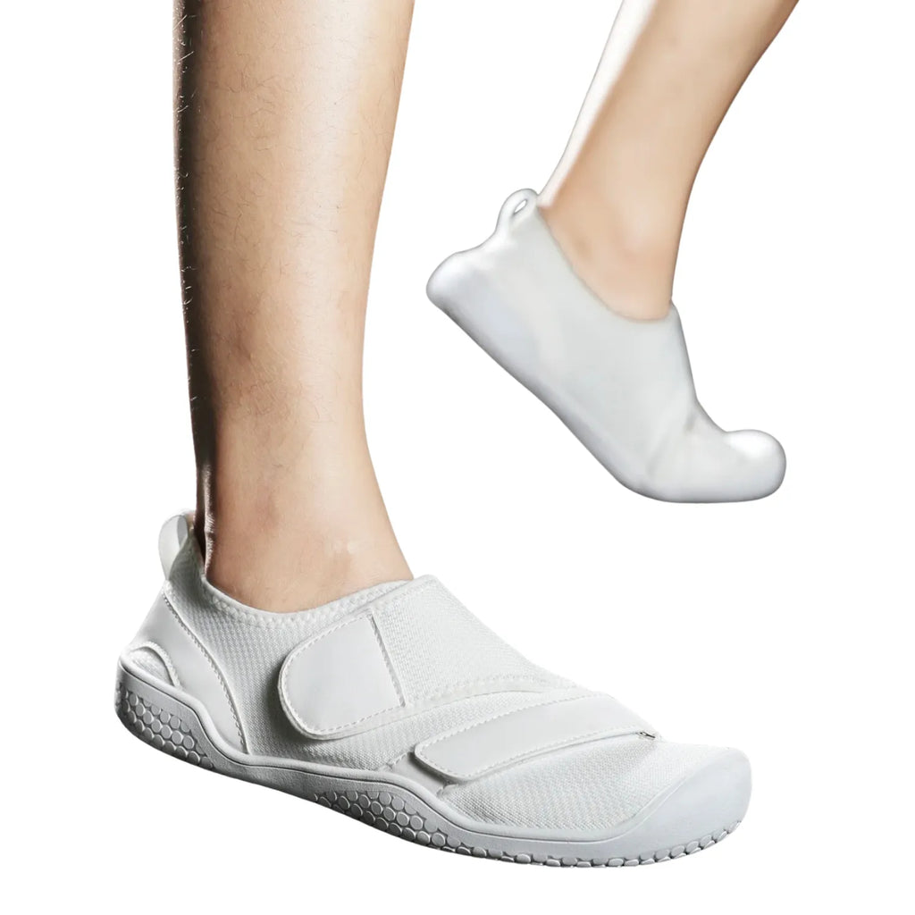 Tênis de treino de força na cor branco com duas fitas de velcro, mostrando o design robusto e a sola plana que proporcionam estabilidade e suporte.